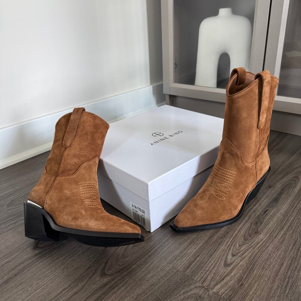Anine Bing Mid Tania Toffee Suede Western Boots 36 NEW Cowgirl Leather Bootie - Picture 7 of 7